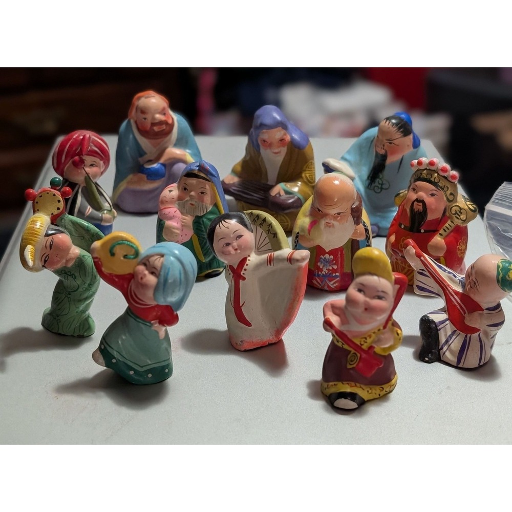 Chinese Huishan Wuxi Clay Miniature Figurines Set of 12 Hand Painted Folk Art